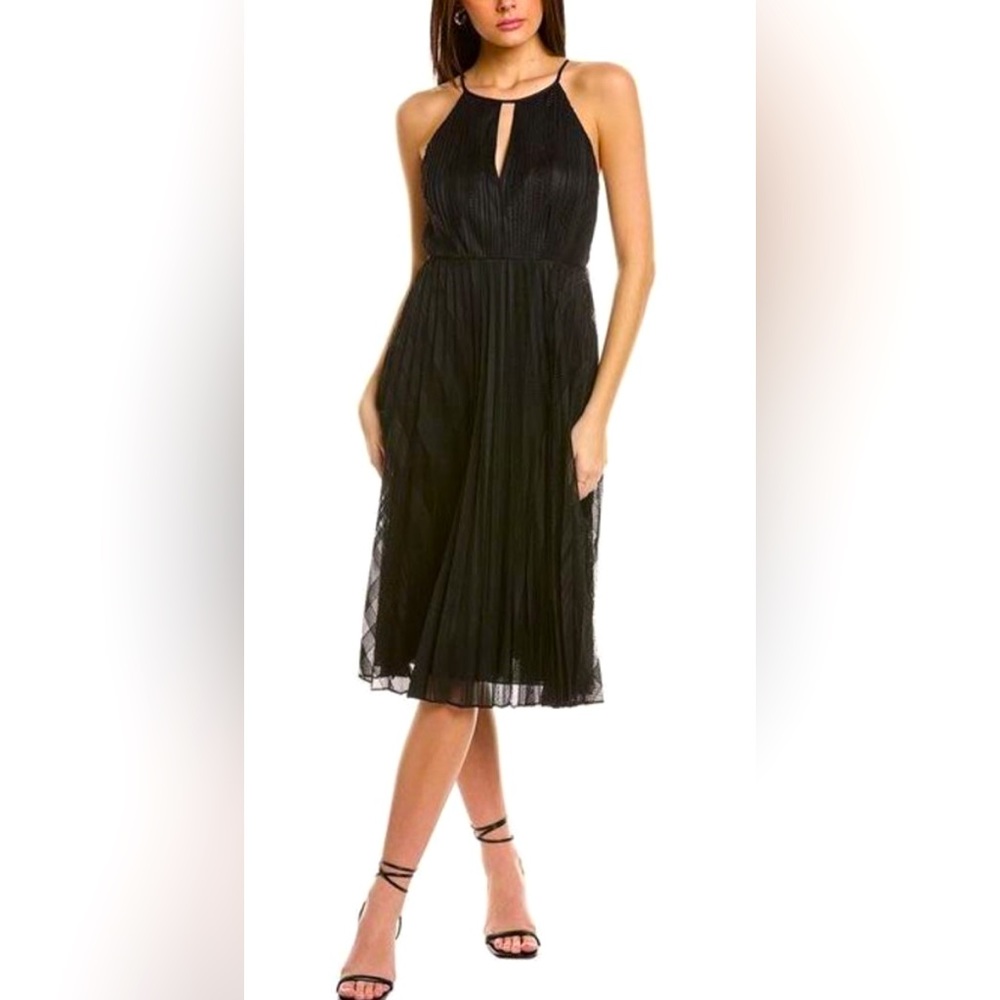 Theory Pleated A-line Midi Dress Black Mesh Lace w Skinny Straps & Front Keyhole